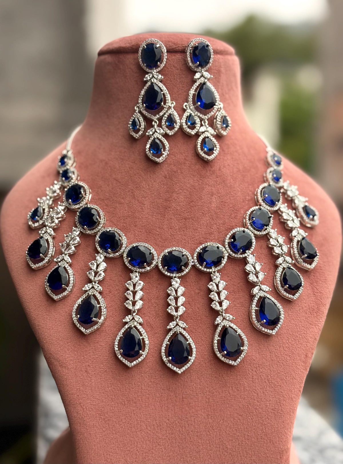 TANAAZ Sapphire blue necklace earrings in American Diamond Classy high quality cz zircon jewelry,prom ink blue colour jewellery set