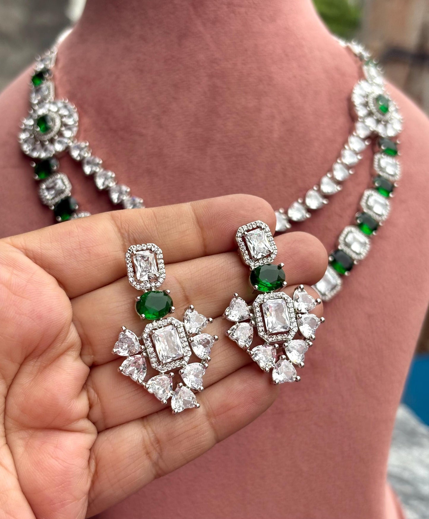 INAYA Green colour two layer jewelry,American Diamond High Quality necklace set bridal wedding jewelry,Emerald green layered necklace