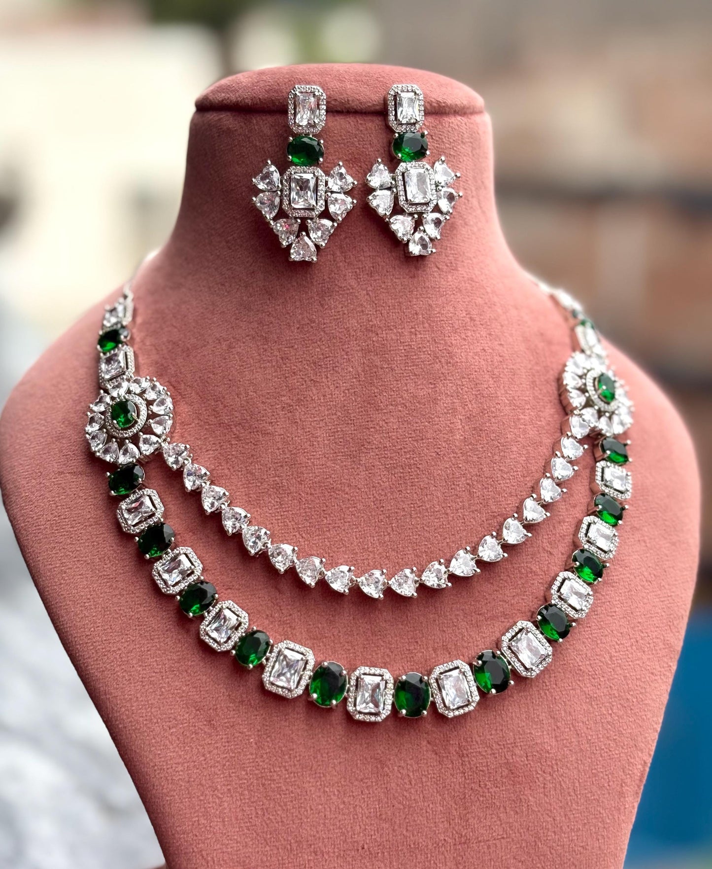 INAYA Green colour two layer jewelry,American Diamond High Quality necklace set bridal wedding jewelry,Emerald green layered necklace