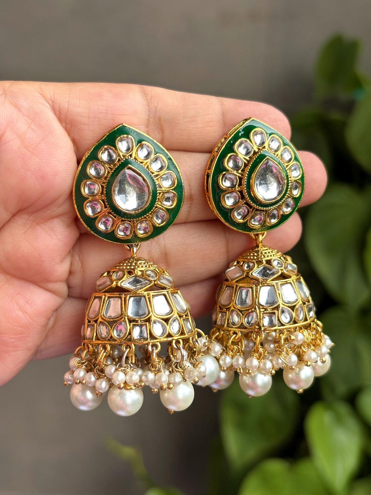 ANIKA Green colour jhumka earrings / Bollywood kundan earrings /Pakistani Wedding bridal /Navratri Indian Diwali jewelry/ green and golden