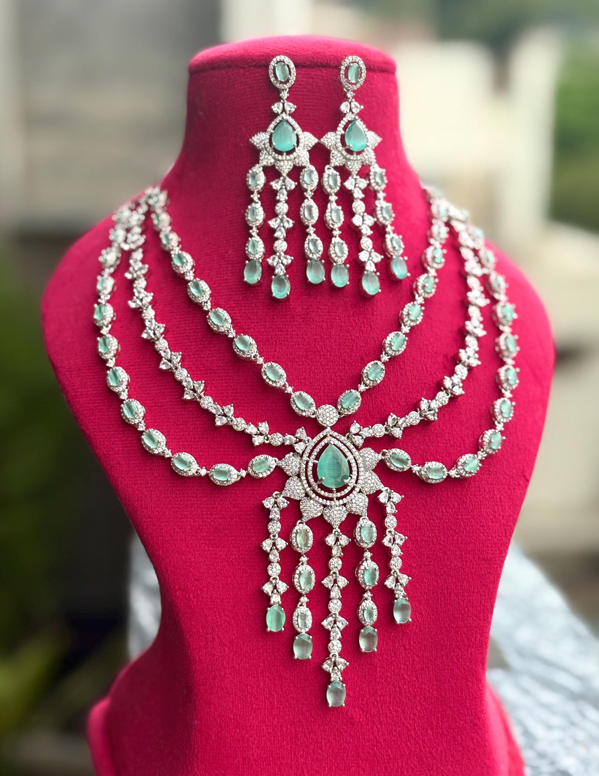 EISHA Mint Green cz necklace and earrings, Statement American Diamond jewelry, Indian Jewelry Pakistani Wedding jewellery silver Zircon
