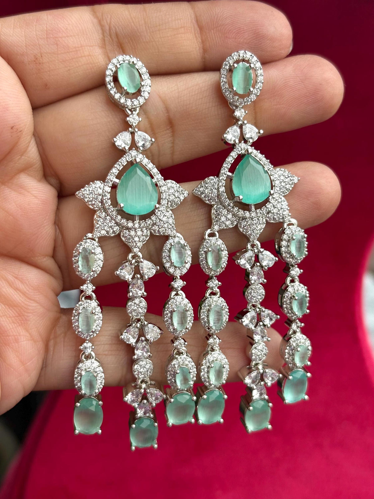 EISHA Mint Green cz necklace and earrings, Statement American Diamond jewelry, Indian Jewelry Pakistani Wedding jewellery silver Zircon