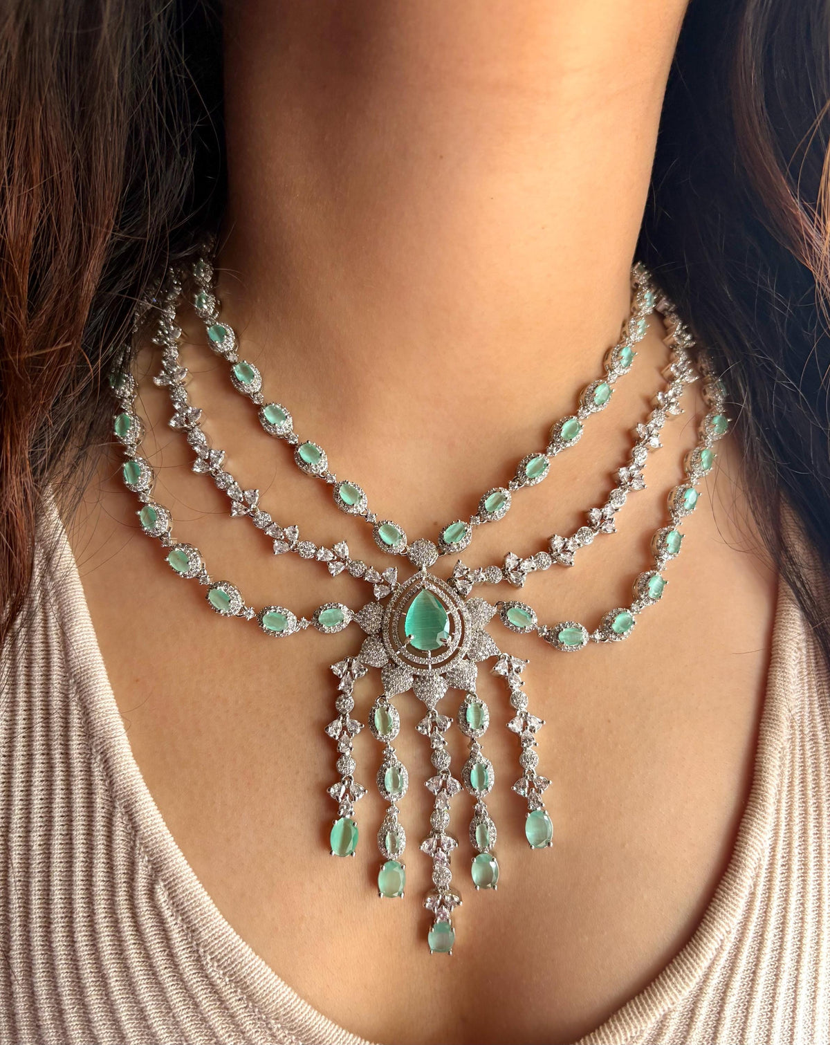 EISHA Mint Green cz necklace and earrings, Statement American Diamond jewelry, Indian Jewelry Pakistani Wedding jewellery silver Zircon