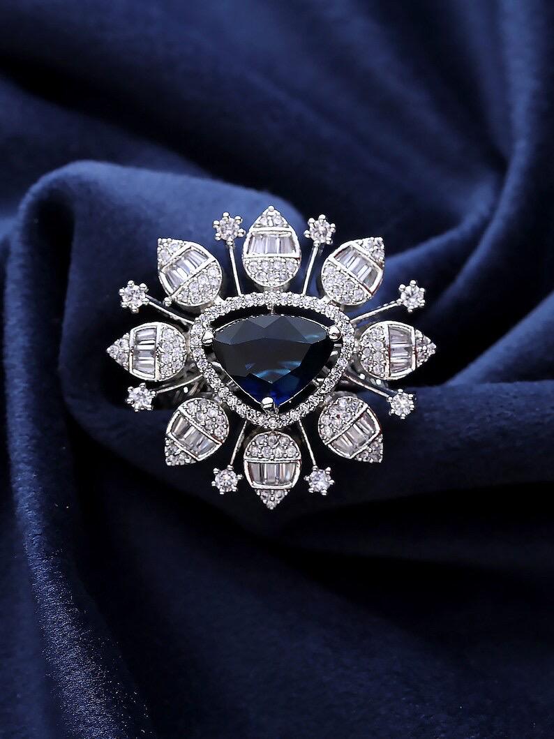 SHEINA Sapphire blue cocktail ring ,adjustable American diamond ring ,high quality cz zircon,dark blue Indian jewellery, green and pink ring