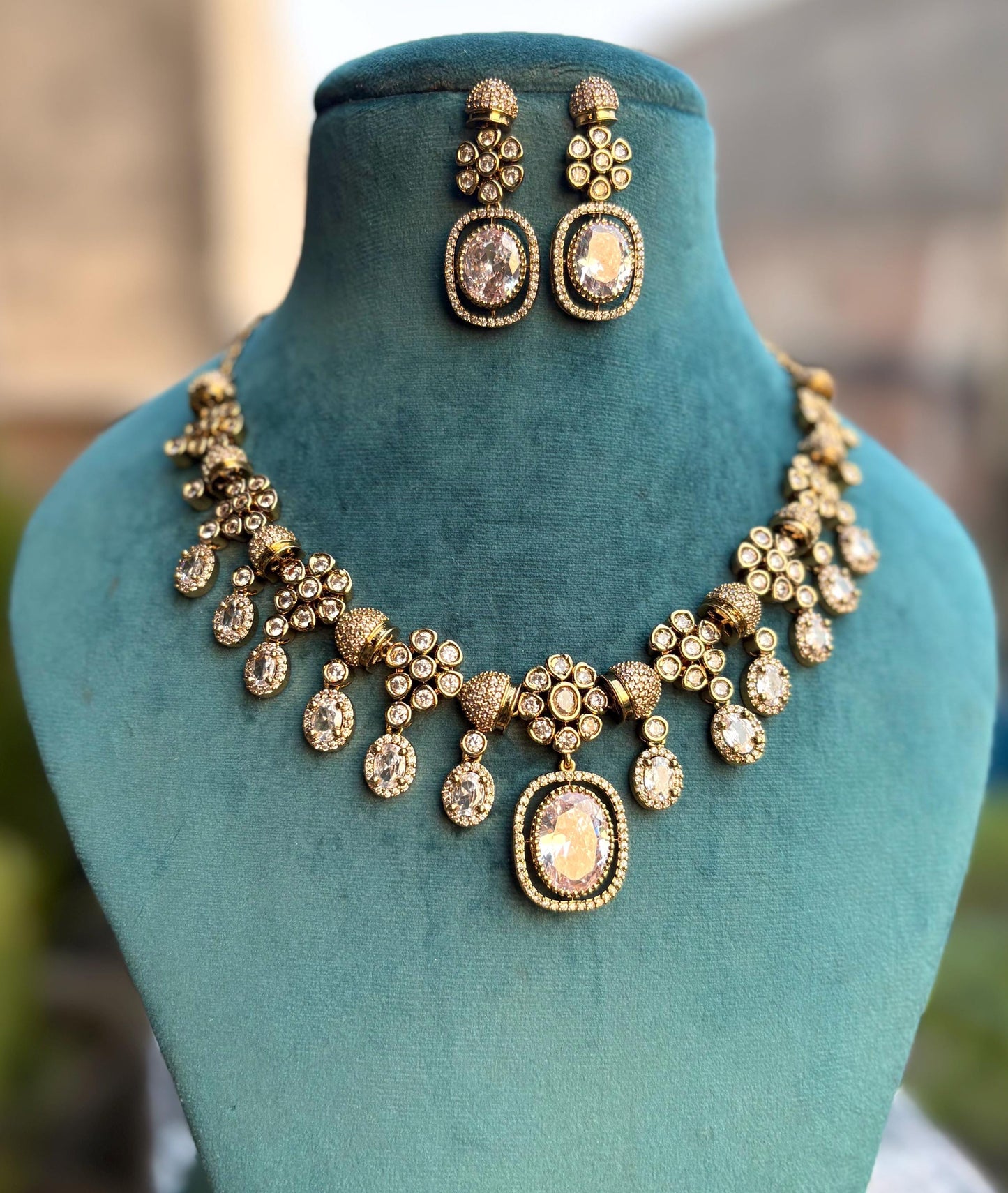 RIMAYA Sabyasachi inspired clear stones kundan and zircon sleek necklace set in  mehndi golden polish, Indian bridal victorian style jewelry