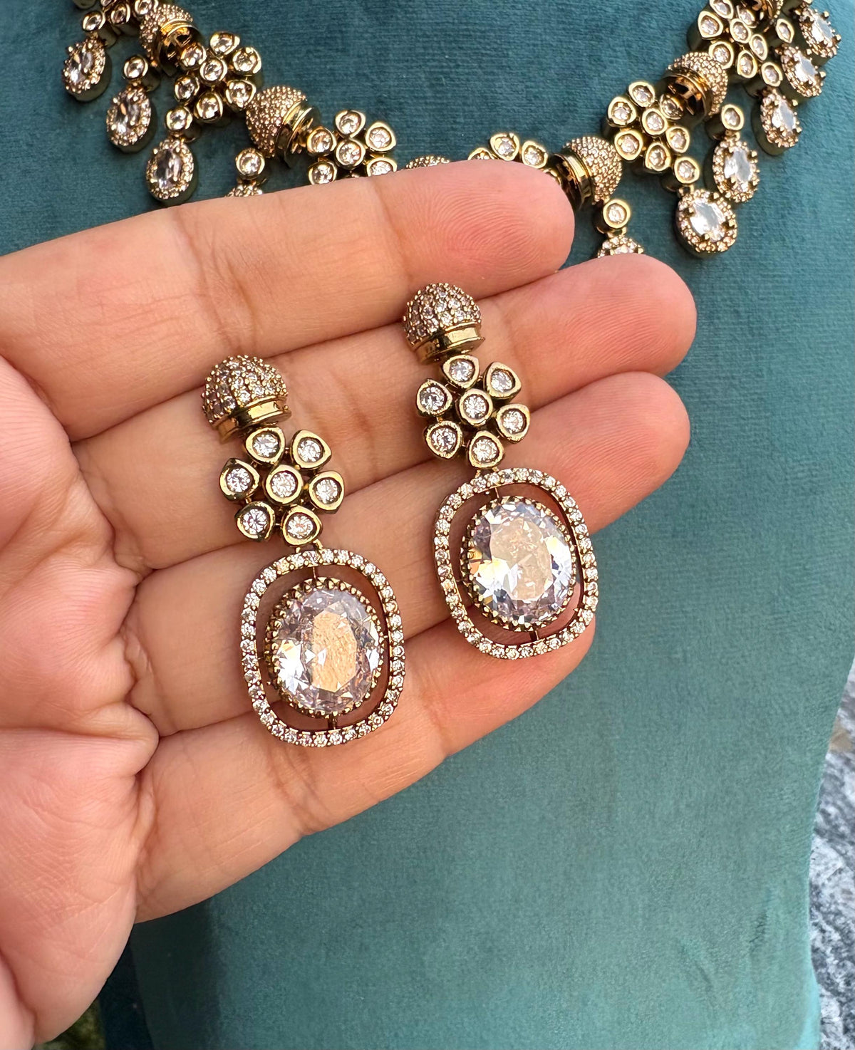 RIMAYA Sabyasachi inspired clear stones kundan and zircon sleek necklace set in  mehndi golden polish, Indian bridal victorian style jewelry