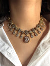 RIMAYA Sabyasachi inspired clear stones kundan and zircon sleek necklace set in  mehndi golden polish, Indian bridal victorian style jewelry