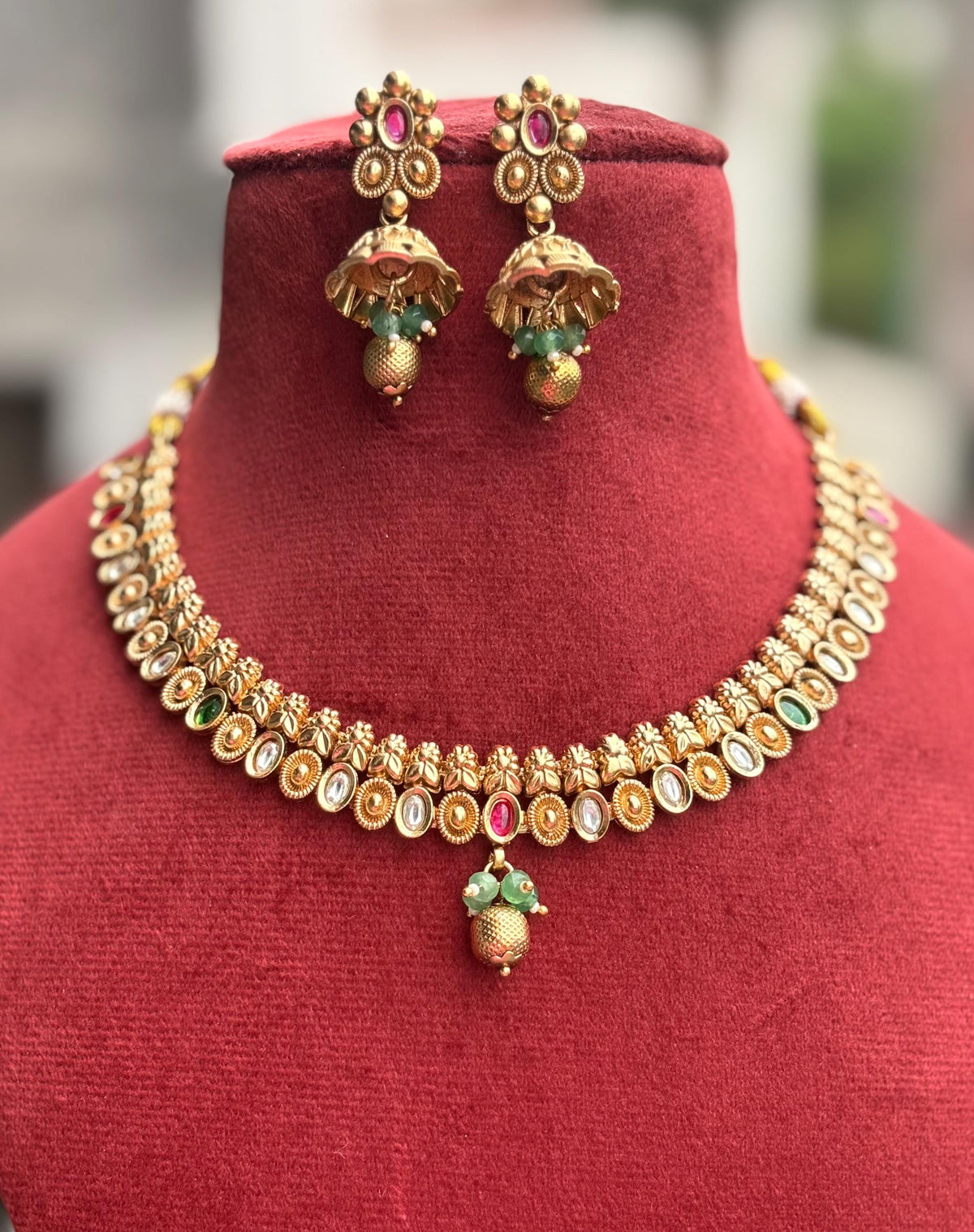 TANVI Gold Rajwadi jewellery South Indian jewelry,necklace with jhumkas, Indian antique golden jewelry, kempu temple jewelry