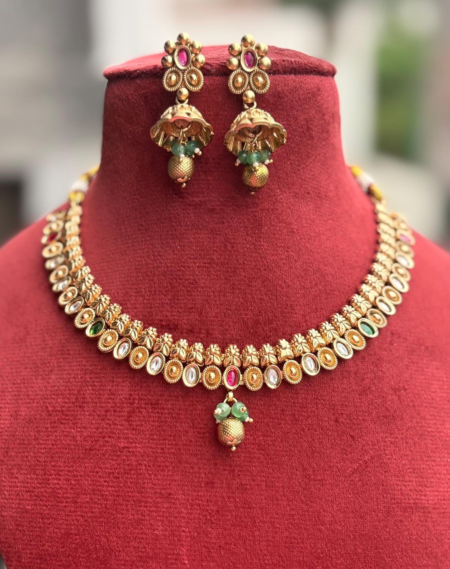 TANVI Gold Rajwadi jewellery South Indian jewelry,necklace with jhumkas, Indian antique golden jewelry, kempu temple jewelry