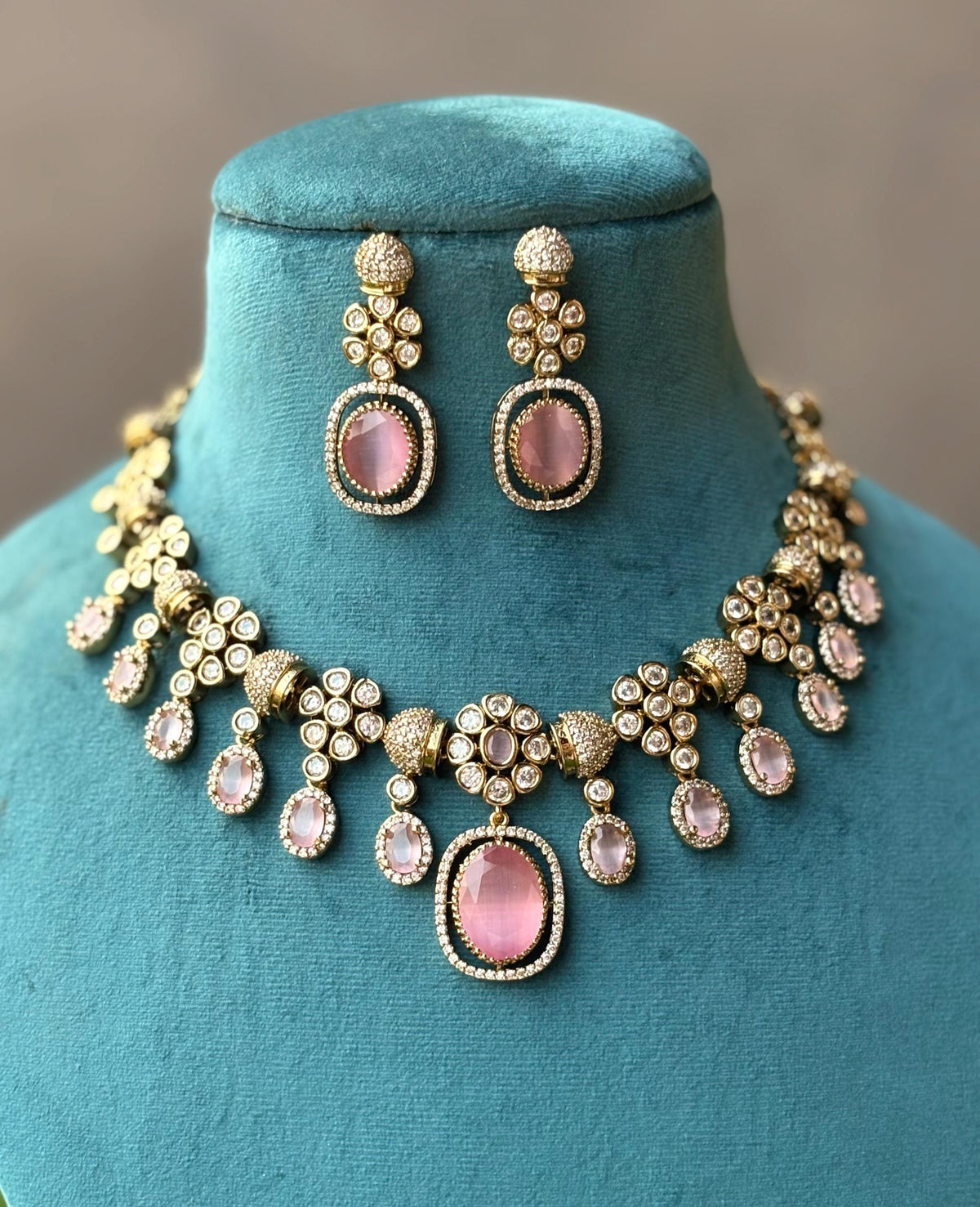 RIMAYA Sabyasachi inspired pink colour kundan and zircon sleek necklace set in  mehndi golden polish, Indian bridal victorian style jewelry