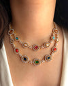 SIYA Gold Finish multicoloured Navratna cz Kundan Necklace with Earrings,indian traditional  jewelry, two layer delicate Navratan set