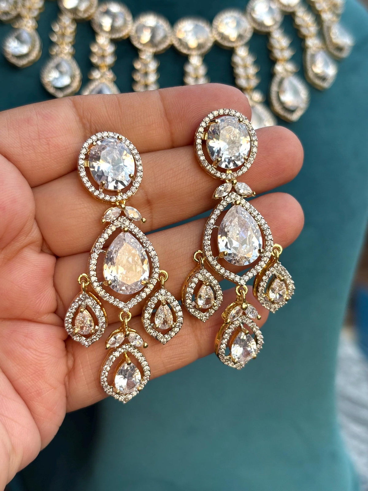 TANAAZ Golden polish clear stone necklace earrings, real diamond look high quality cz zircon prom  jewelry, gold polish wedding necklace set