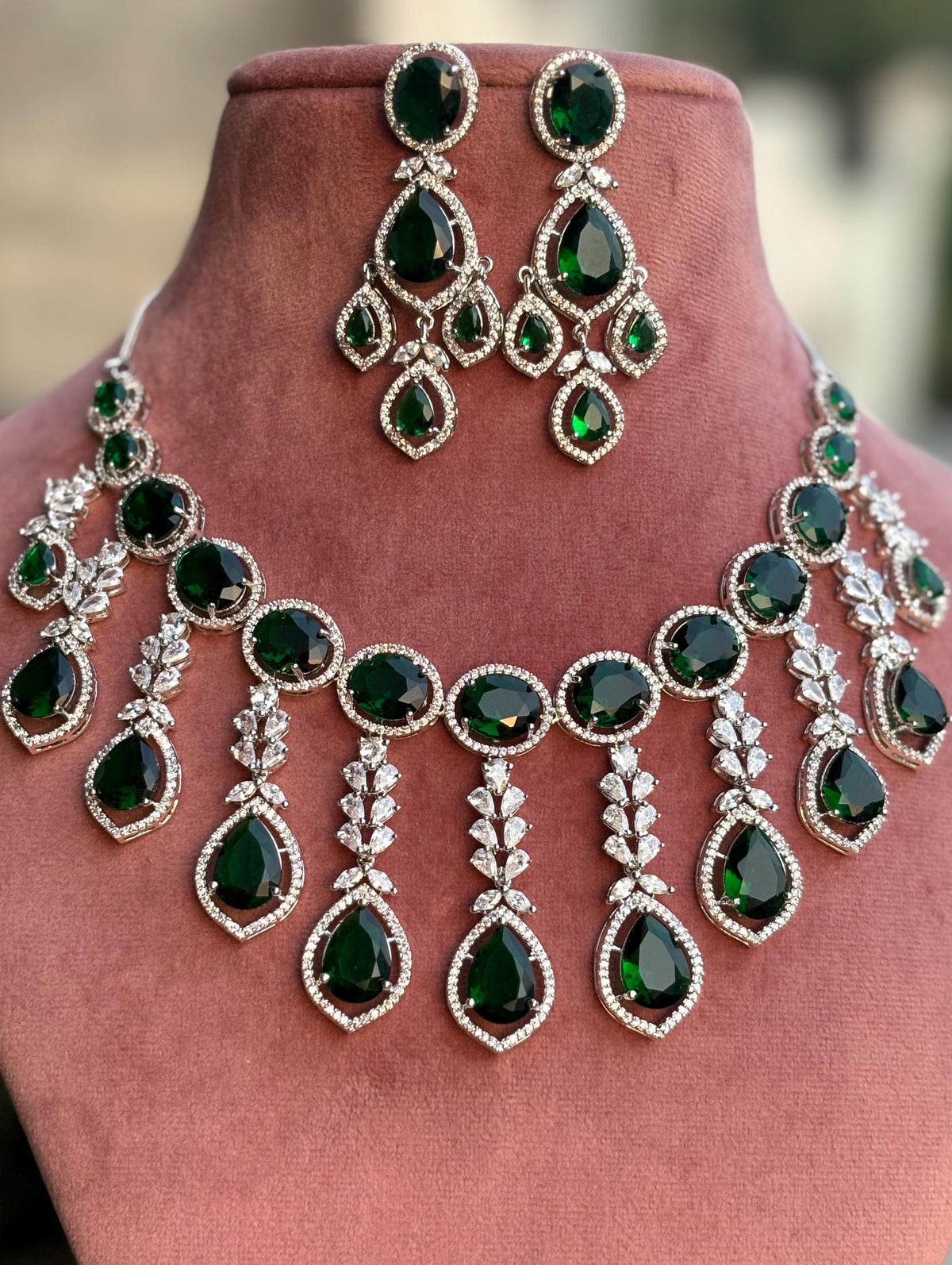 TANAAZ High quality Emerald green necklace earrings, real diamond look cz zircon prom  jewelry, green and silver polish wedding necklace set
