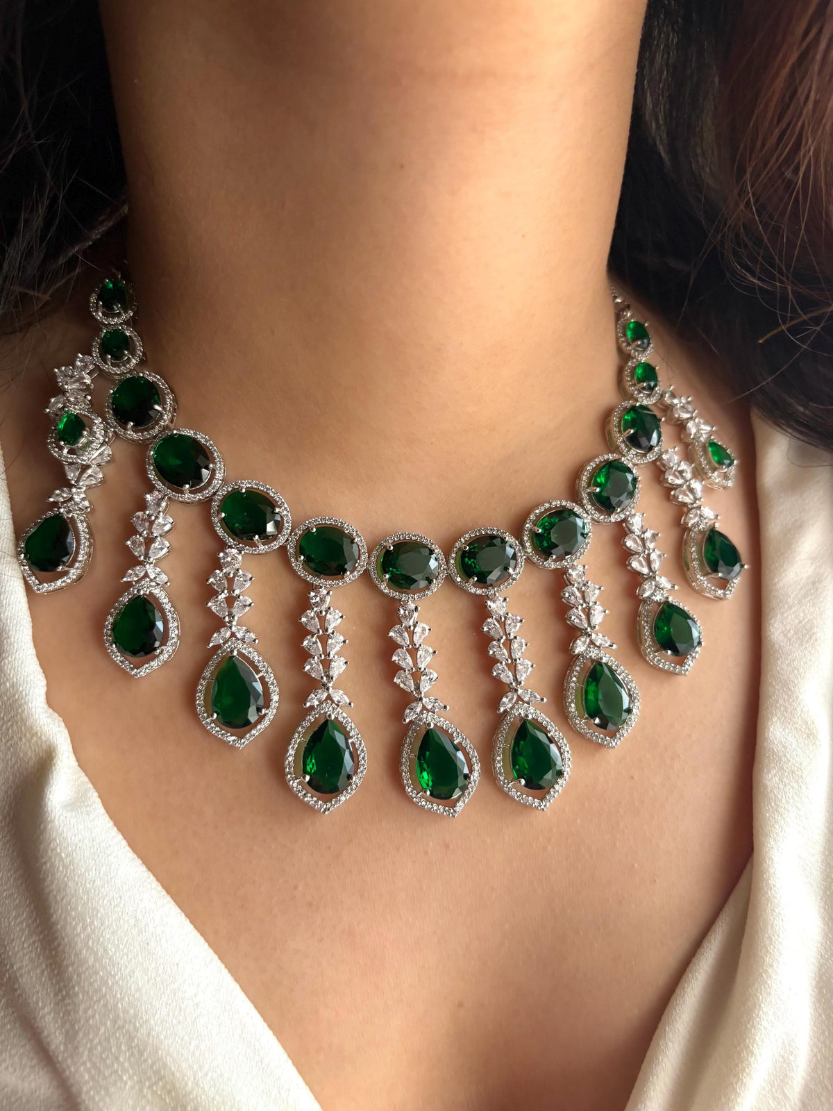 TANAAZ High quality Emerald green necklace earrings, real diamond look cz zircon prom  jewelry, green and silver polish wedding necklace set