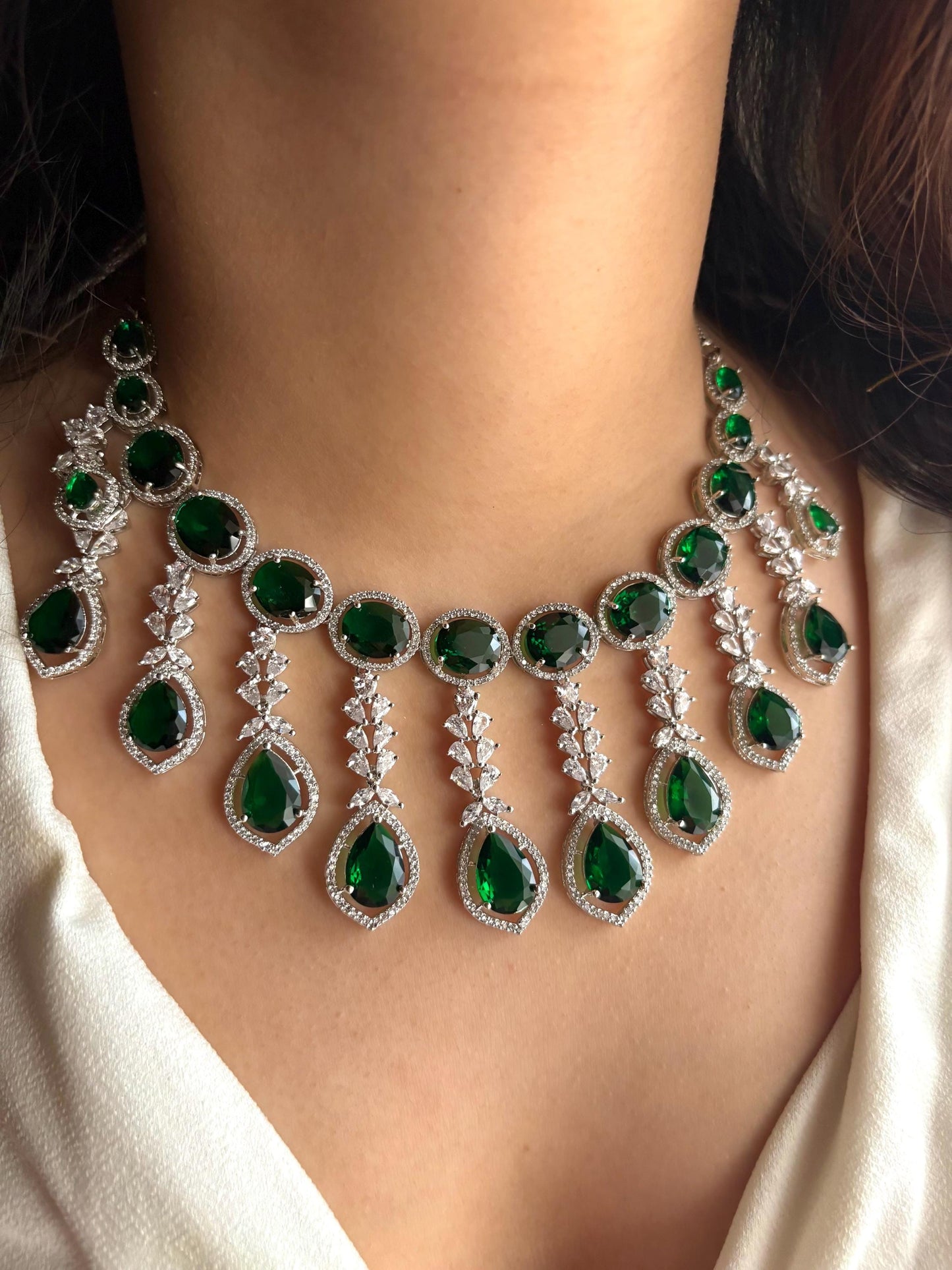 TANAAZ High quality Emerald green necklace earrings, real diamond look cz zircon prom  jewelry, green and silver polish wedding necklace set