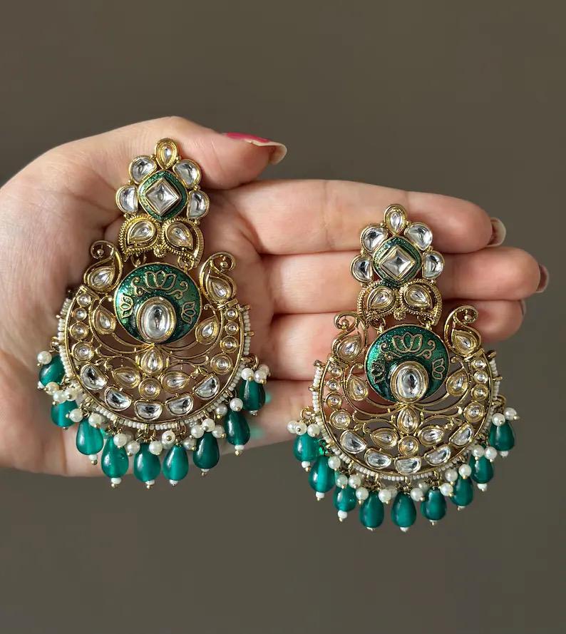 ASHA Teal Gold Tone Royal Kundan Chandbali / Indian Earrings, Wedding Jewelry Pakistani event accessory golden bollywood chandbalis