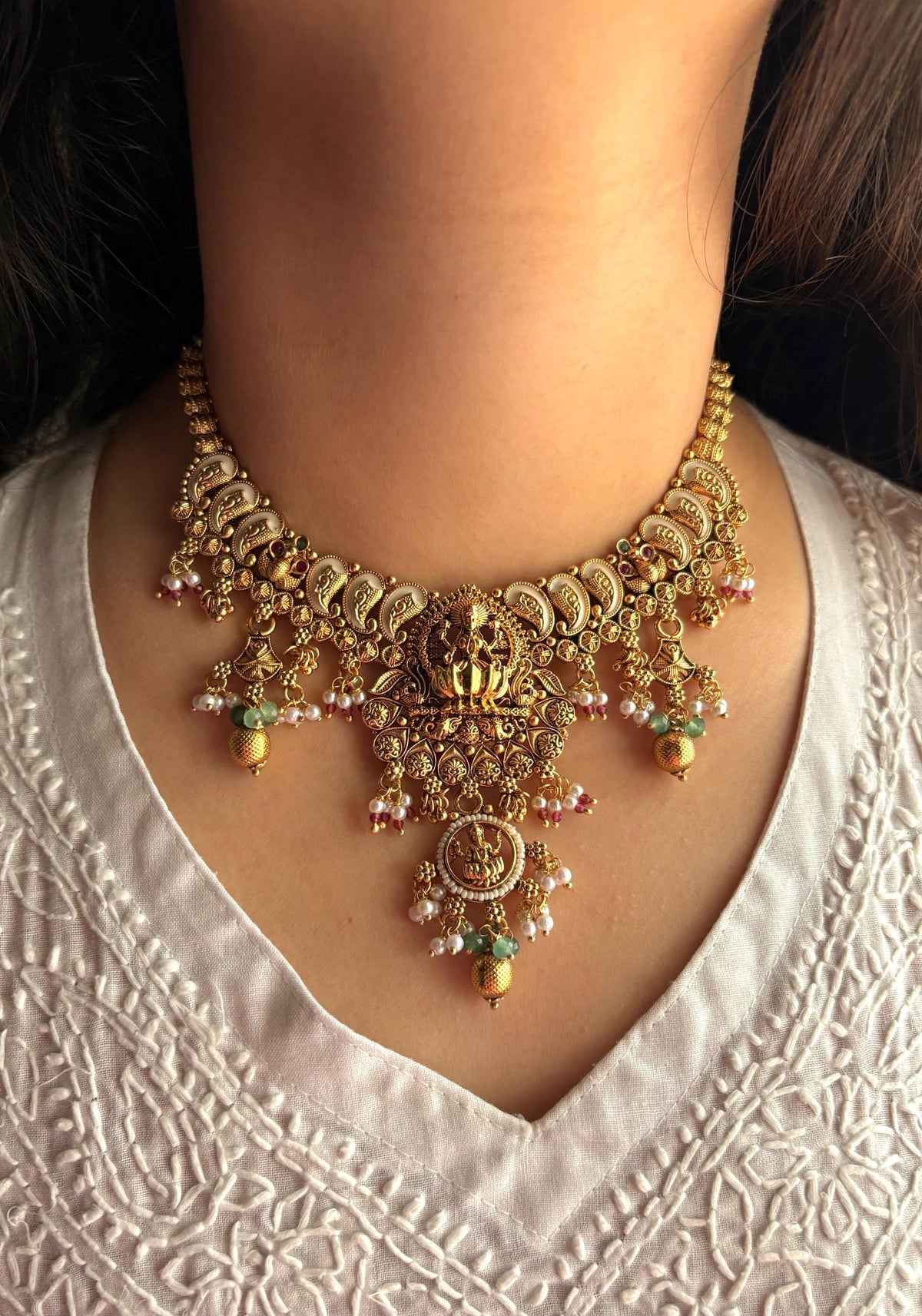 RAMAA Gold tone Rajwadi jewellery South Indian jewelry, necklace earrings, Indian golden jewelry,kempu,Goddess Lakshmi temple jewelry