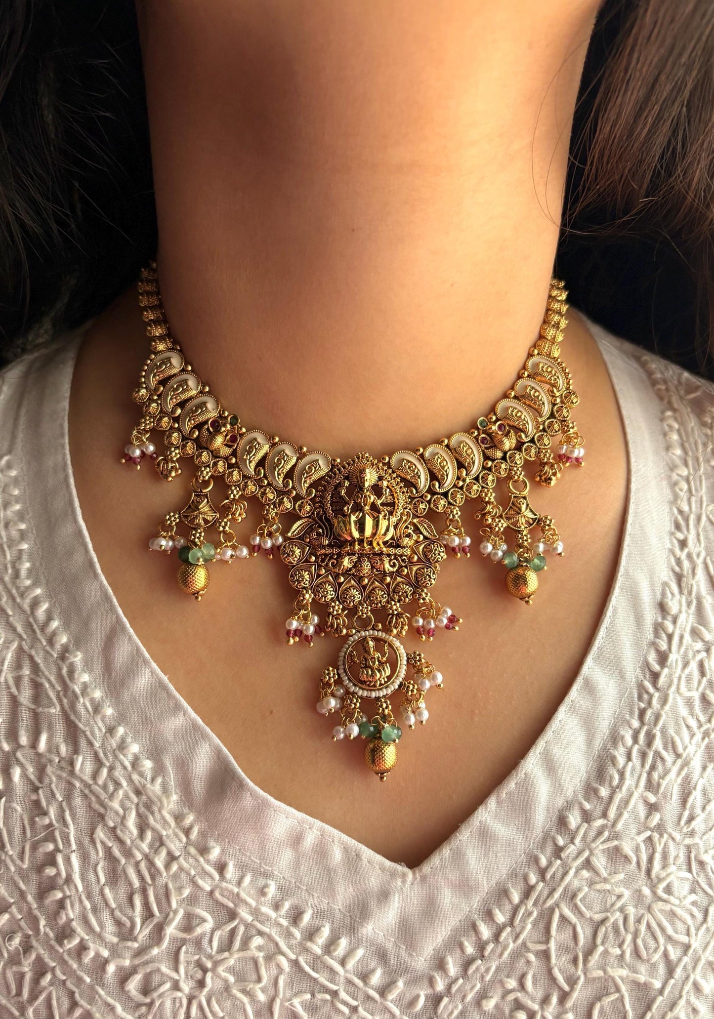 RAMAA Gold tone Rajwadi jewellery South Indian jewelry, necklace earrings, Indian golden jewelry,kempu,Goddess Lakshmi temple jewelry