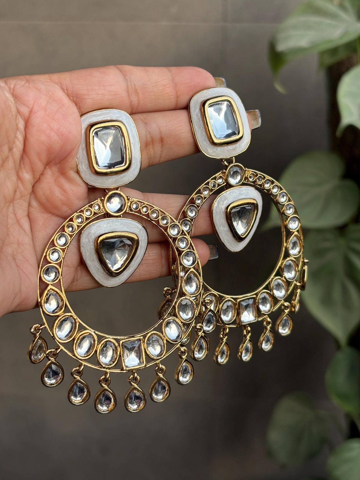 HINAA ivory White Gold Statement chandbali earrings Bollywood chandbalis Pakistani Wedding Navratri function Indian Diwali jewelry