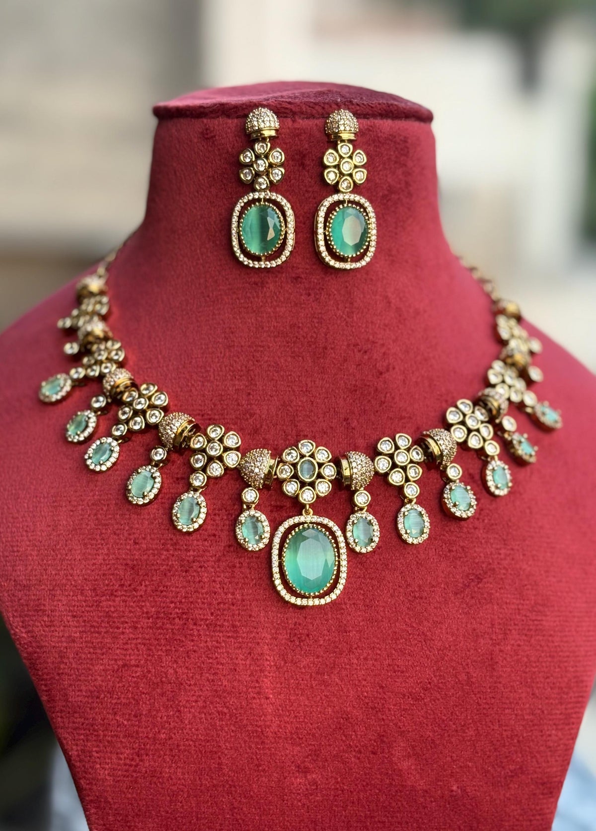 RIMAYA Sabyasachi inspired mint green colour kundan and zircon sleek necklace set in  mehndi golden polish,Indian victorian style jewelry