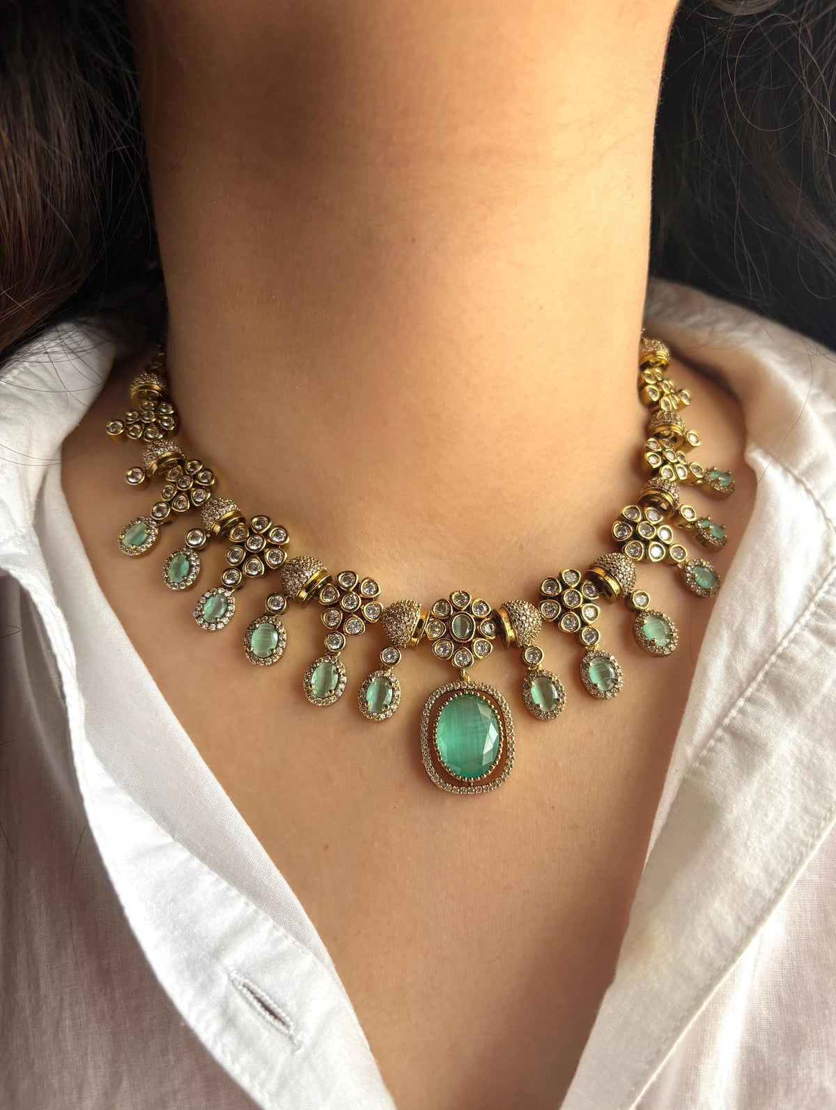 RIMAYA Sabyasachi inspired mint green colour kundan and zircon sleek necklace set in  mehndi golden polish,Indian victorian style jewelry