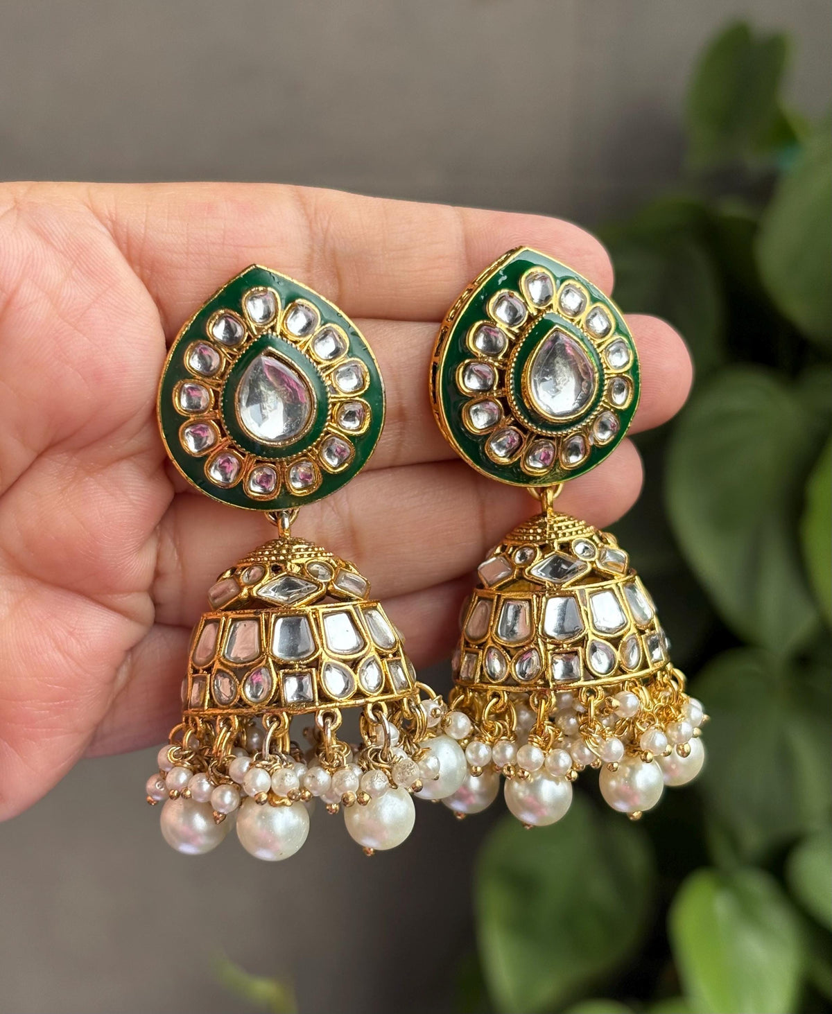 ANIKA Green colour jhumka earrings / Bollywood kundan earrings /Pakistani Wedding bridal /Navratri Indian Diwali jewelry/ green and golden