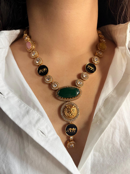 URVI Sabyasachi inspired multicoloured Victorian style kundan necklace set,Indian Bridal jewelry, cz kundan Victorian golden polish