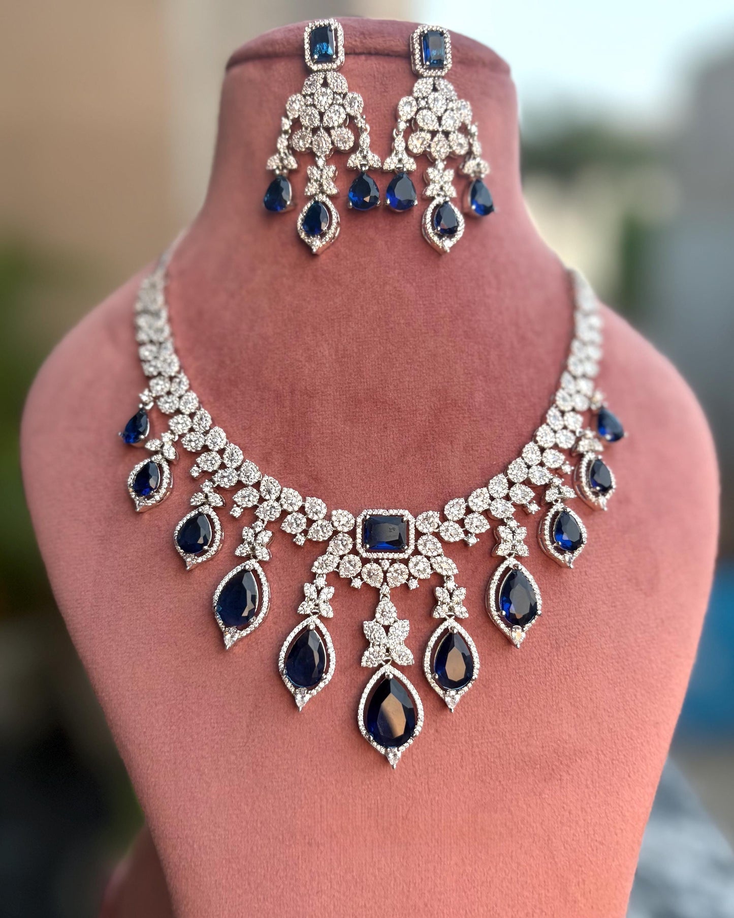 SHANAZ Sapphire blue jewelry American Diamond High Quality necklace set, Indian pakistani bridal jewelry,dark blue cz necklace and earrings