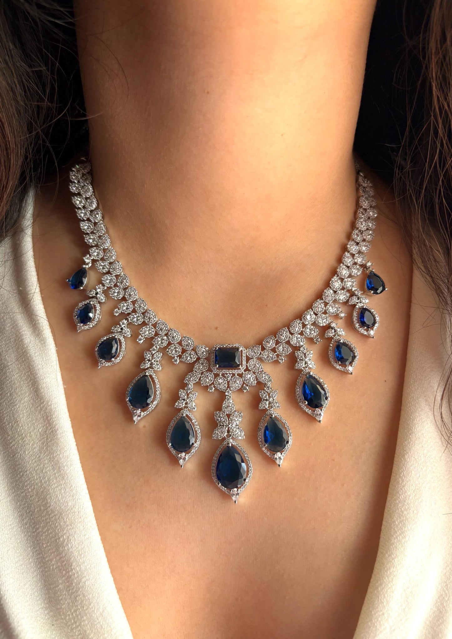 SHANAZ Sapphire blue jewelry American Diamond High Quality necklace set, Indian pakistani bridal jewelry,dark blue cz necklace and earrings