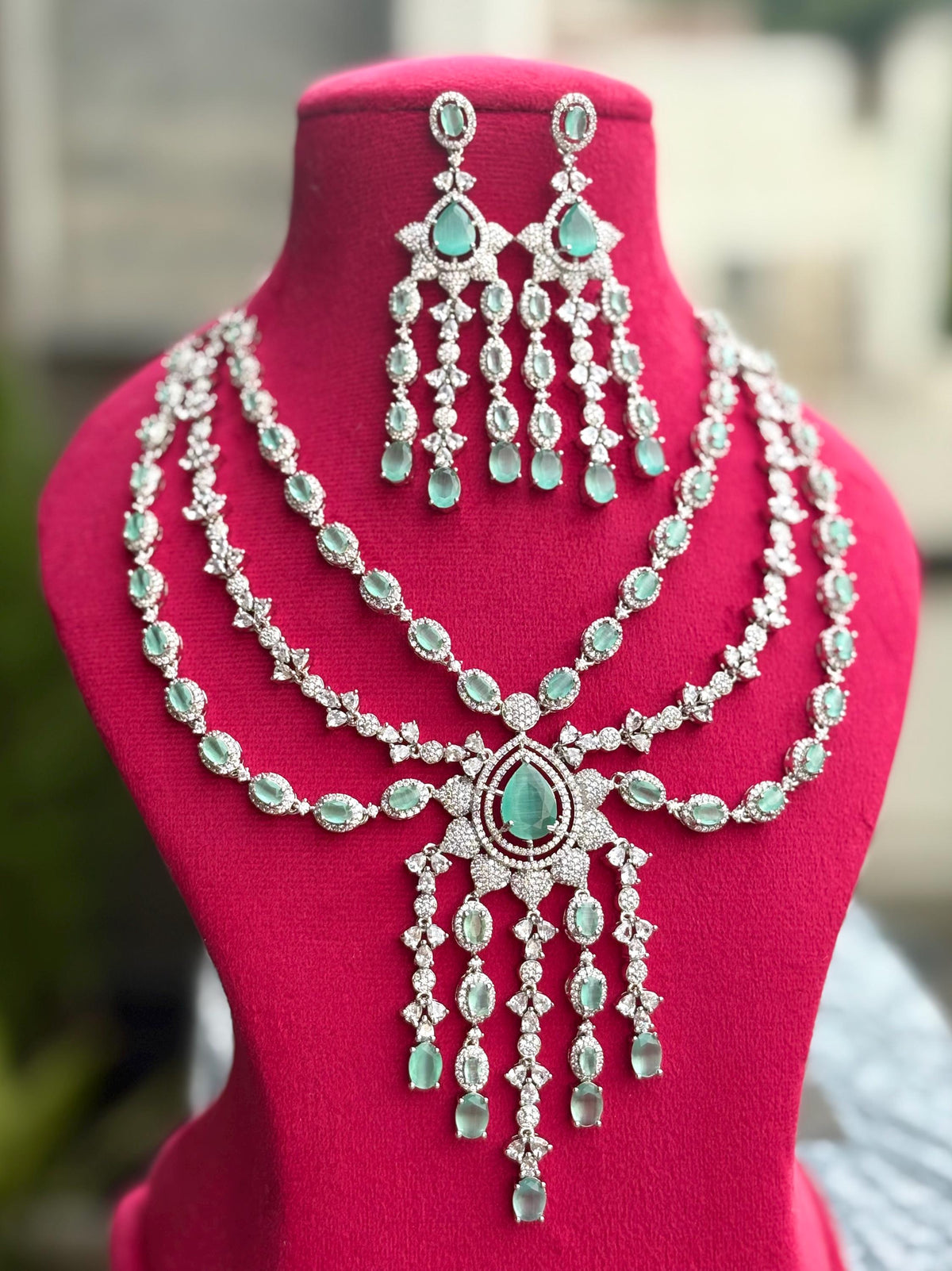 EISHA Mint Green cz necklace and earrings, Statement American Diamond jewelry, Indian Jewelry Pakistani Wedding jewellery silver Zircon