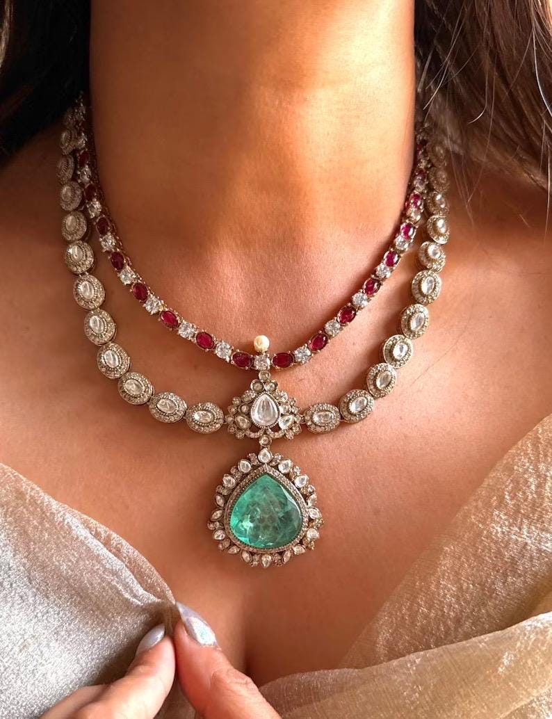 ROSINA Premium quality  Kundan Necklace set in Doublet stone, Mint Ruby Kundan Indian Bridal Jewelry cz Diamond set