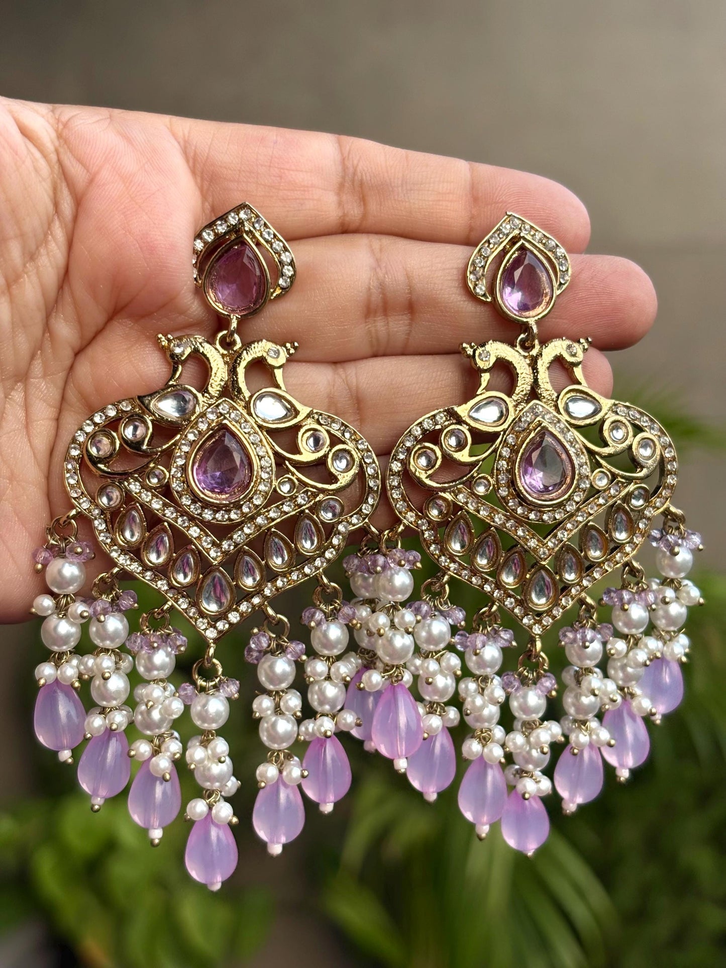 RIYA Lilac purple Gold Tone Royal Kundan Chandbali / Indian Earrings, Wedding Jewelry Pakistani event accessory golden bollywood chandbalis