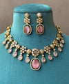 RIMAYA Sabyasachi inspired pink colour kundan and zircon sleek necklace set in  mehndi golden polish, Indian bridal victorian style jewelry