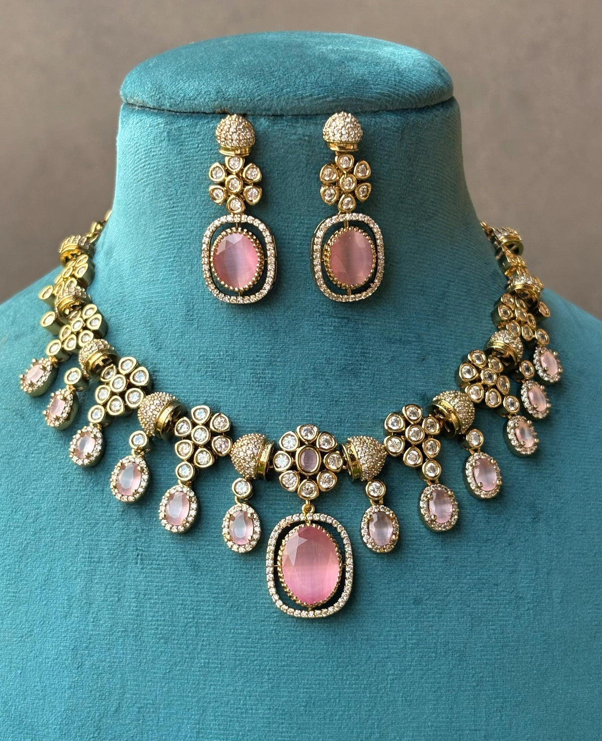 RIMAYA Sabyasachi inspired pink colour kundan and zircon sleek necklace set in  mehndi golden polish, Indian bridal victorian style jewelry