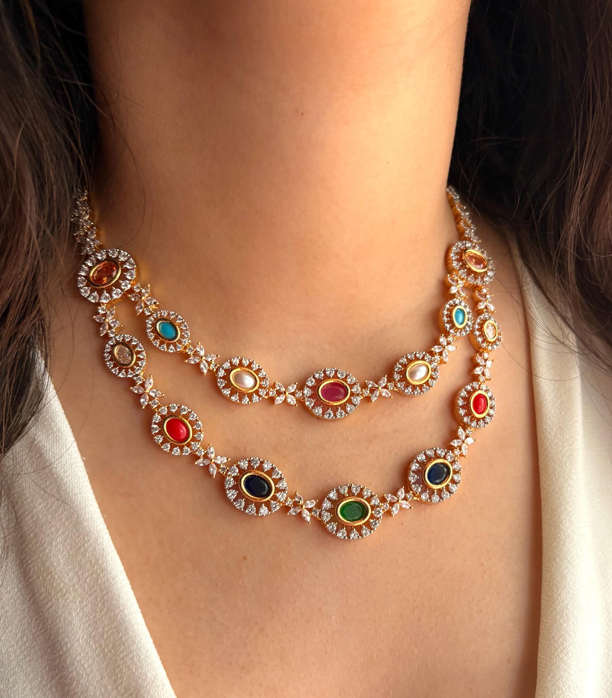 SIYA Gold Finish multicoloured Navratna cz Kundan Necklace with Earrings,indian traditional  jewelry, two layer delicate Navratan set