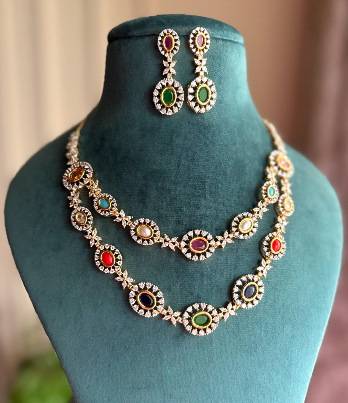 SIYA Gold Finish multicoloured Navratna cz Kundan Necklace with Earrings,indian traditional  jewelry, two layer delicate Navratan set
