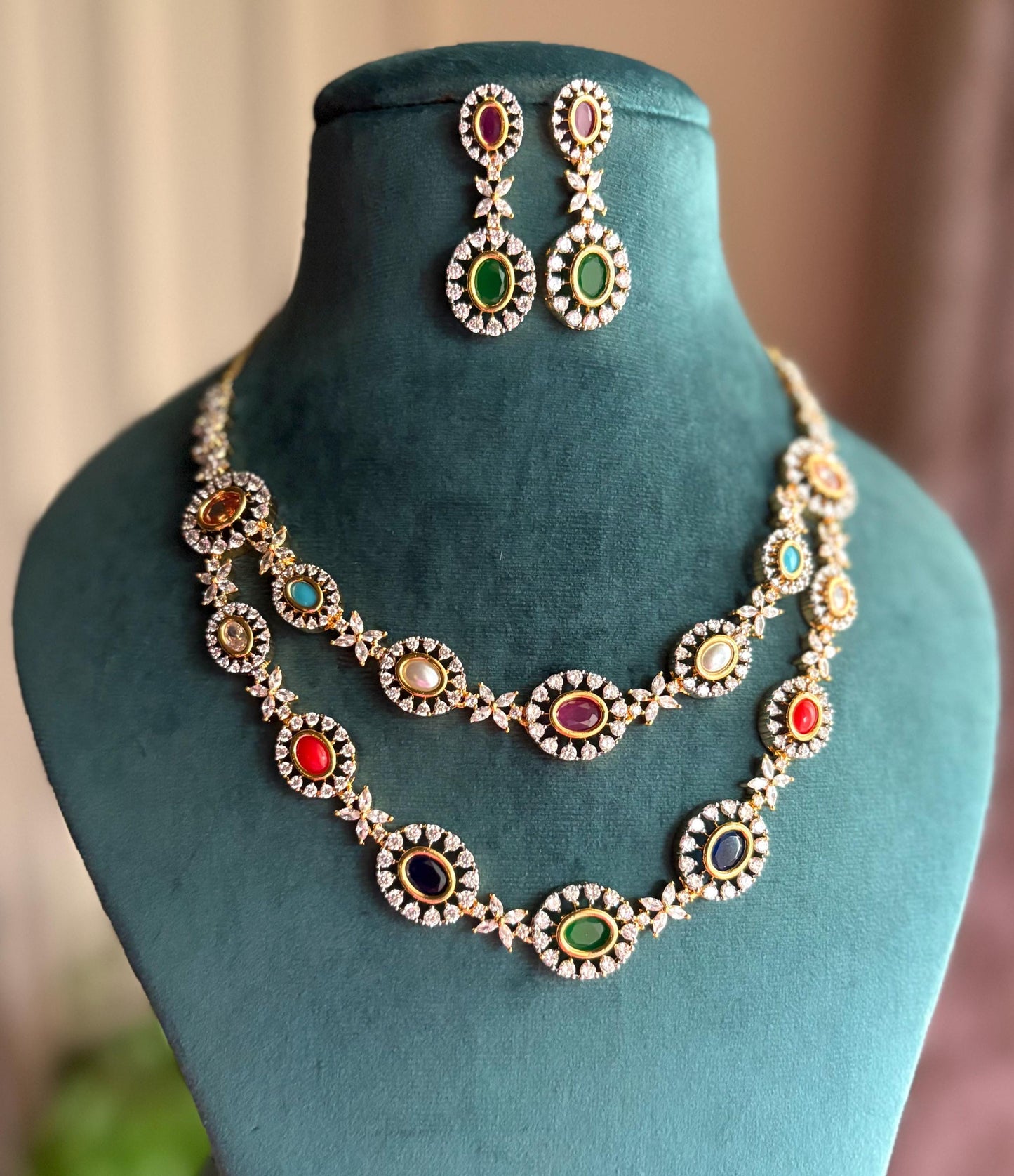 SIYA Gold Finish multicoloured Navratna cz Kundan Necklace with Earrings,indian traditional  jewelry, two layer delicate Navratan set