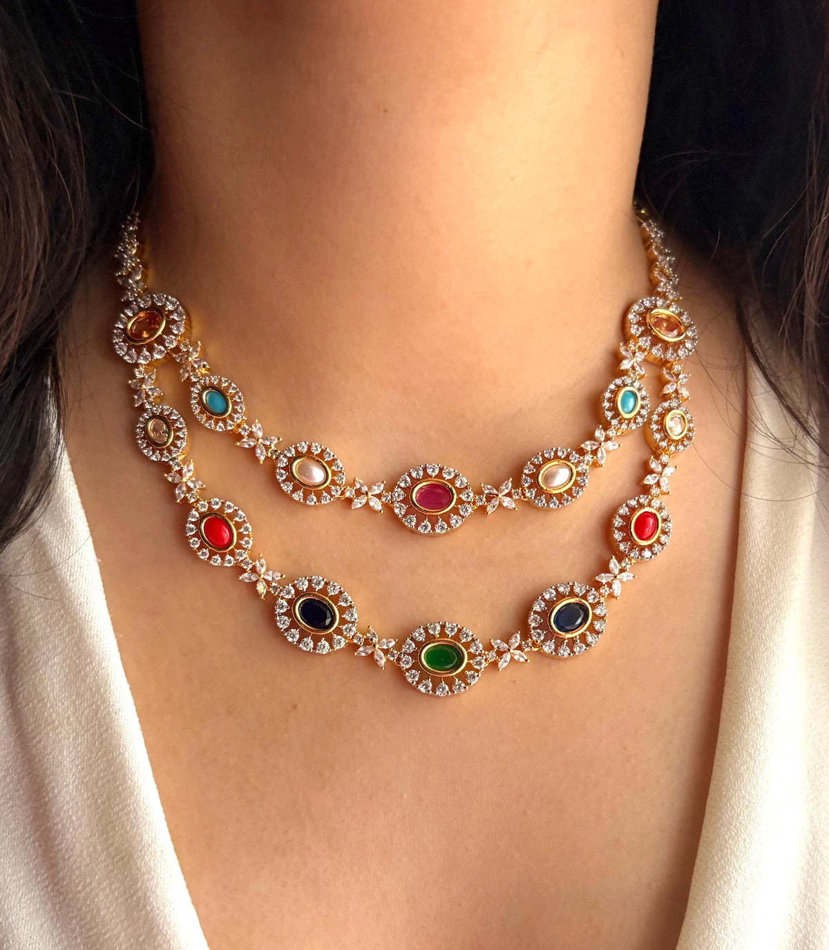 SIYA Gold Finish multicoloured Navratna cz Kundan Necklace with Earrings,indian traditional  jewelry, two layer delicate Navratan set