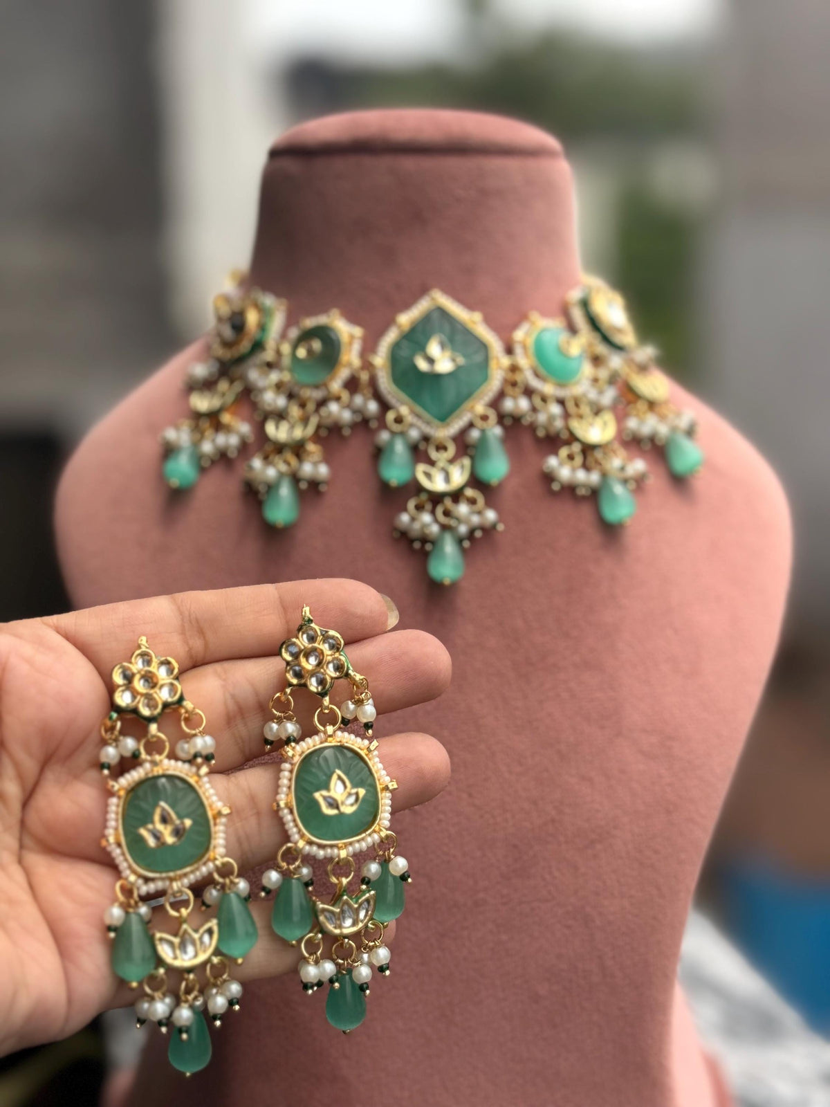 DIYANA Sabyasachi inspired mint and golden Fusion Kundan choker set, necklace set, indian wedding jewelry pakistani set bollywood jewelry