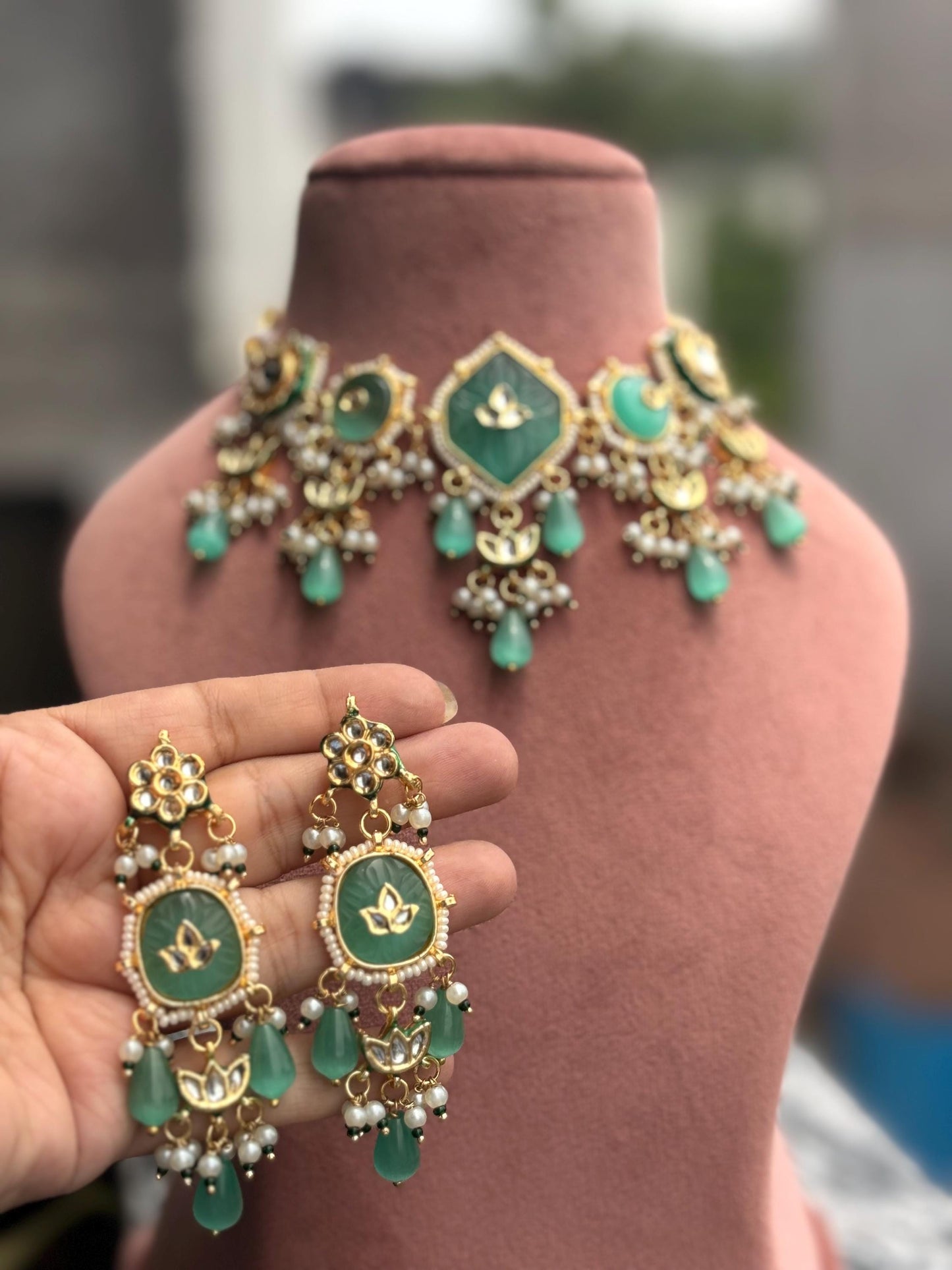 DIYANA Sabyasachi inspired mint and golden Fusion Kundan choker set, necklace set, indian wedding jewelry pakistani set bollywood jewelry
