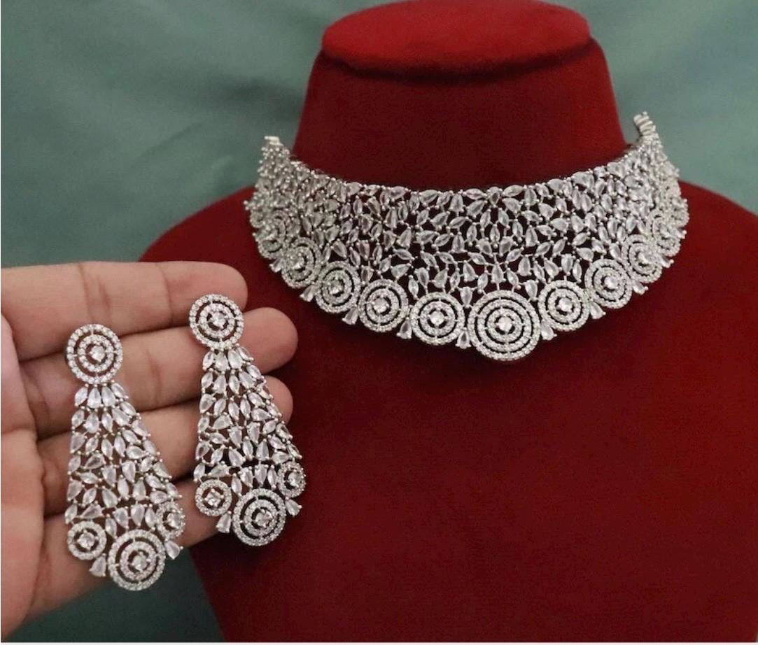 AVA silver finish Clear stones American Diamond Necklace Set/ stylish cz zircon choker set jewelry,Indian pakistani jewellery