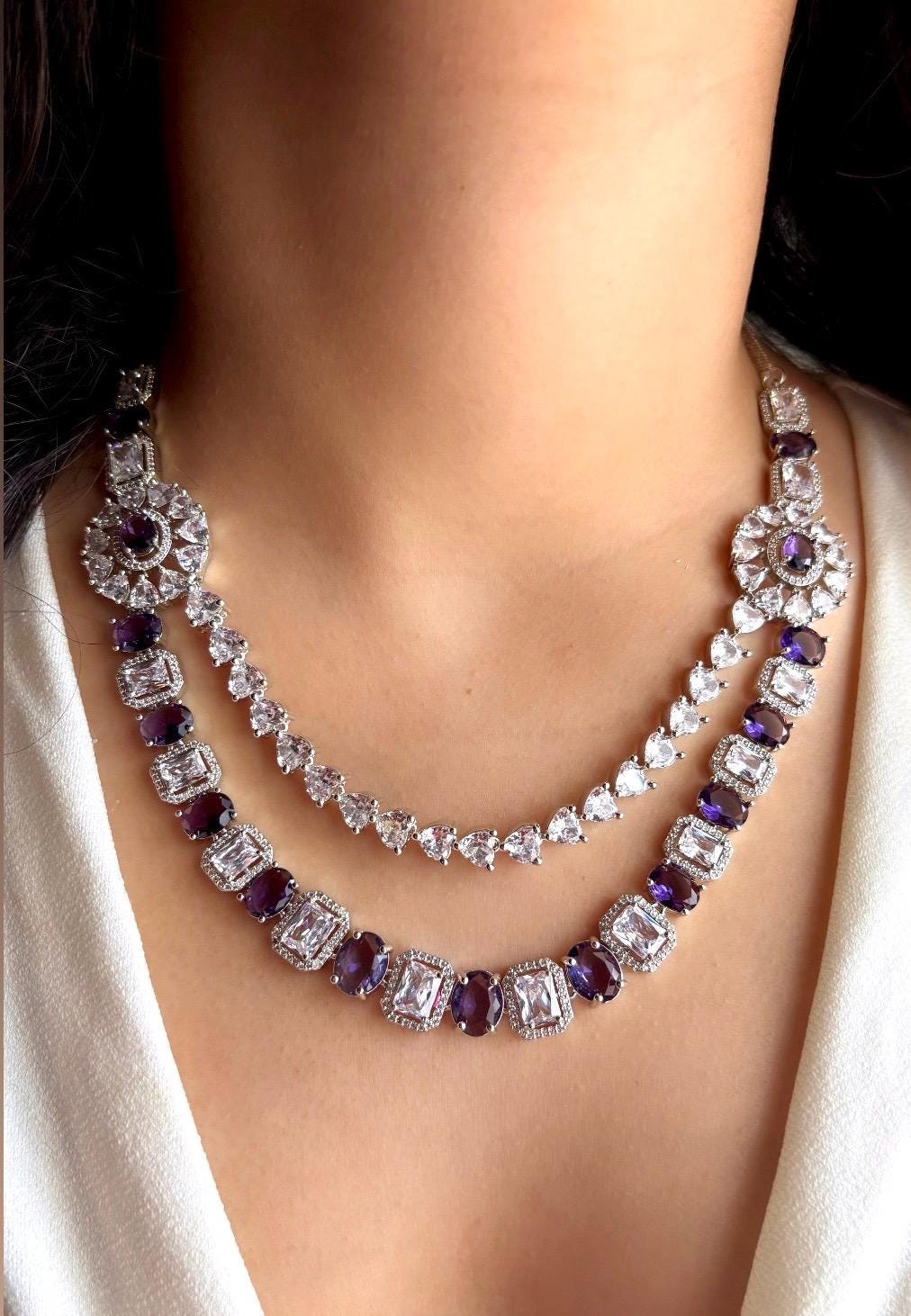 INAYA Purple colour two layer necklace set ,American Diamond High Quality necklace and earrings purple layered bridal wedding jewelry