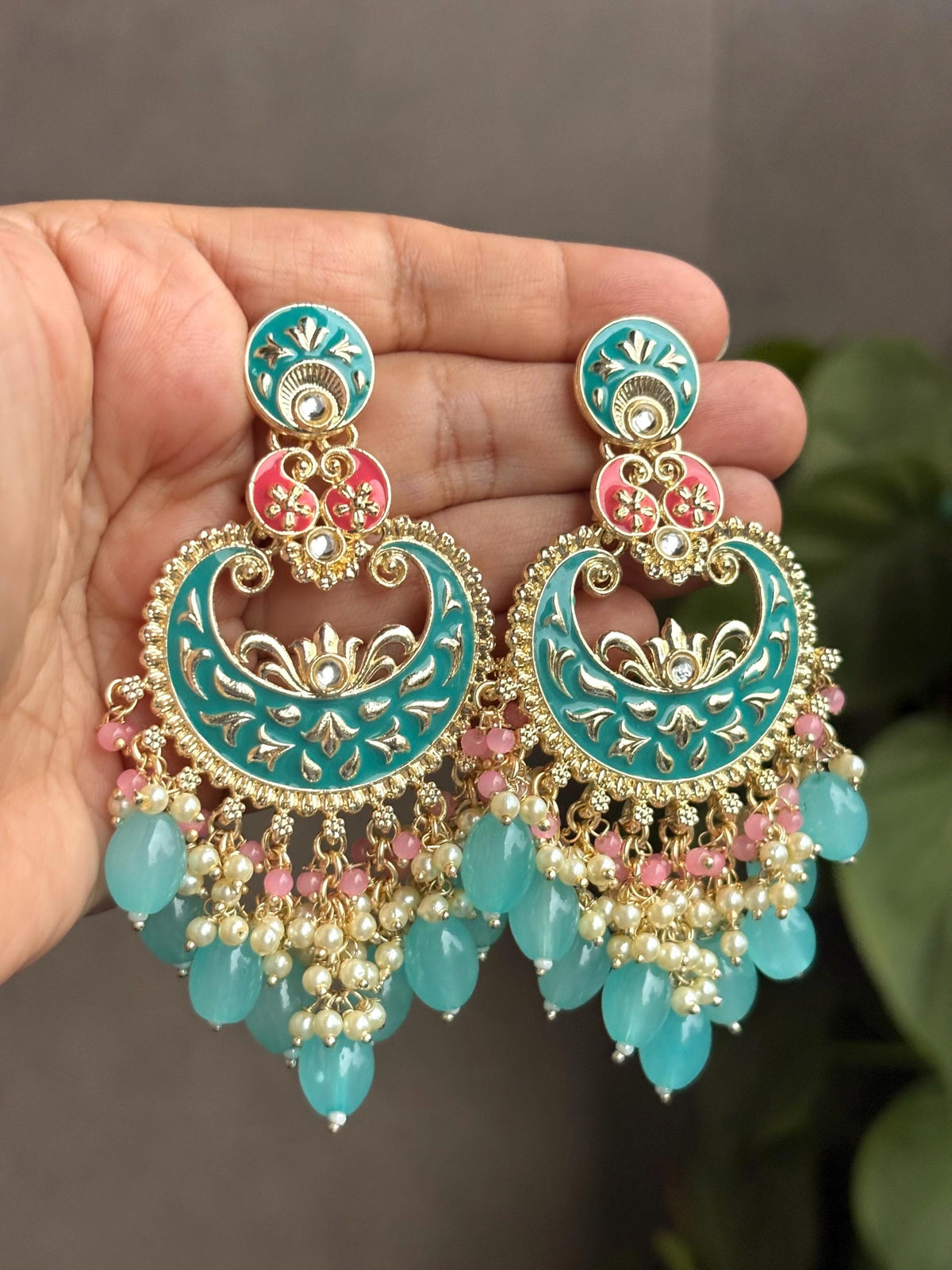 AADHYA blue colour earrings/Bollywood meenakari earrings/Pakistani bridal jewelry /Indian Diwali jewelry/ blue peach chandbali