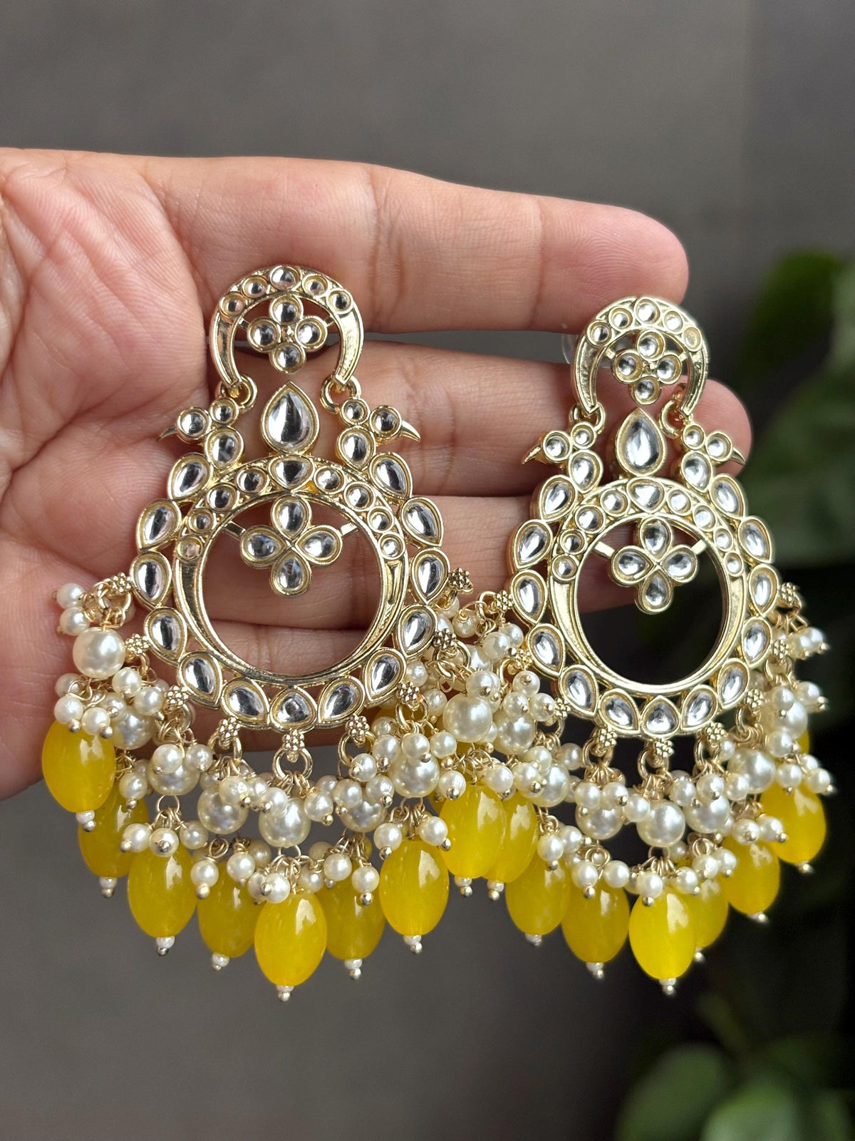 REVA Yellow earrings/ Wedding bridal kundan earrings /Navratri function Indian Diwali jewelry/yellow colour chandbali/haldi ceremony