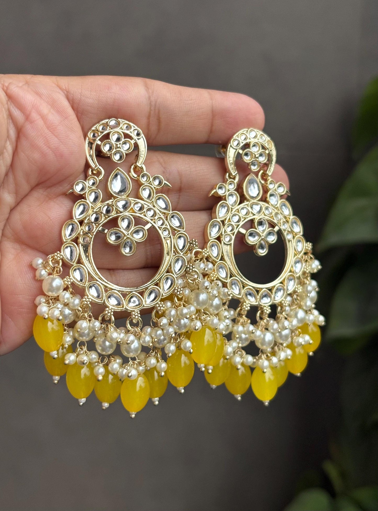 REVA Yellow earrings/ Wedding bridal kundan earrings /Navratri function Indian Diwali jewelry/yellow colour chandbali/haldi ceremony