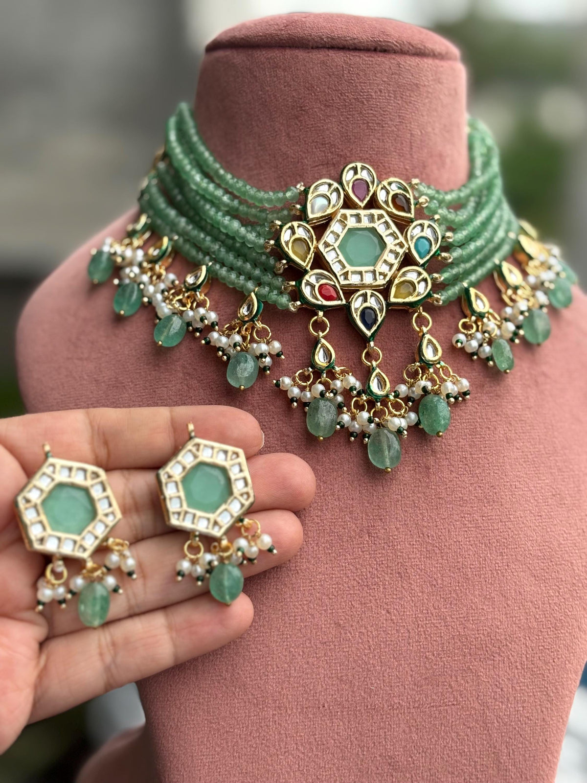 PARWEEN Sabyasachi inspired mint and golden Fusion Kundan choker set, necklace set, indian wedding Rajwada jewelry/ pakistani jewelry