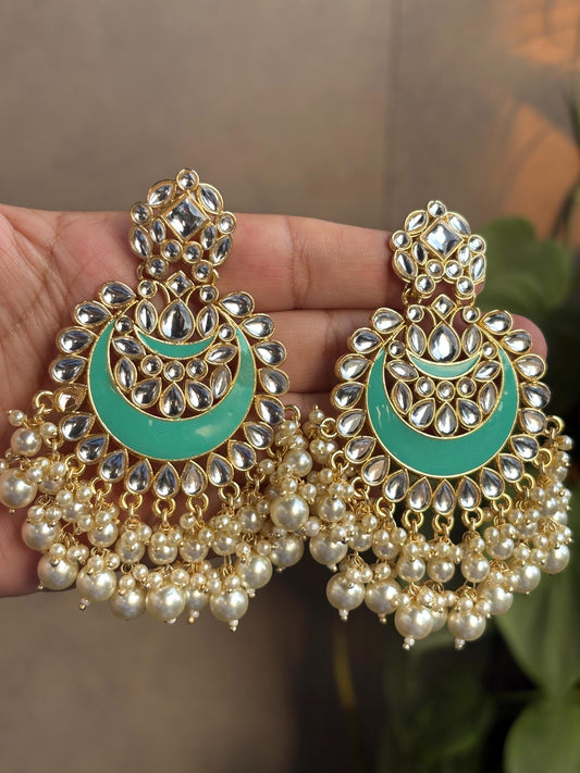 EVA Cyan blue colour earrings/Bollywood dangler earrings/Pakistani bridal jewelry /Indian Diwali jewelry/ blue chandbali with pearl lining