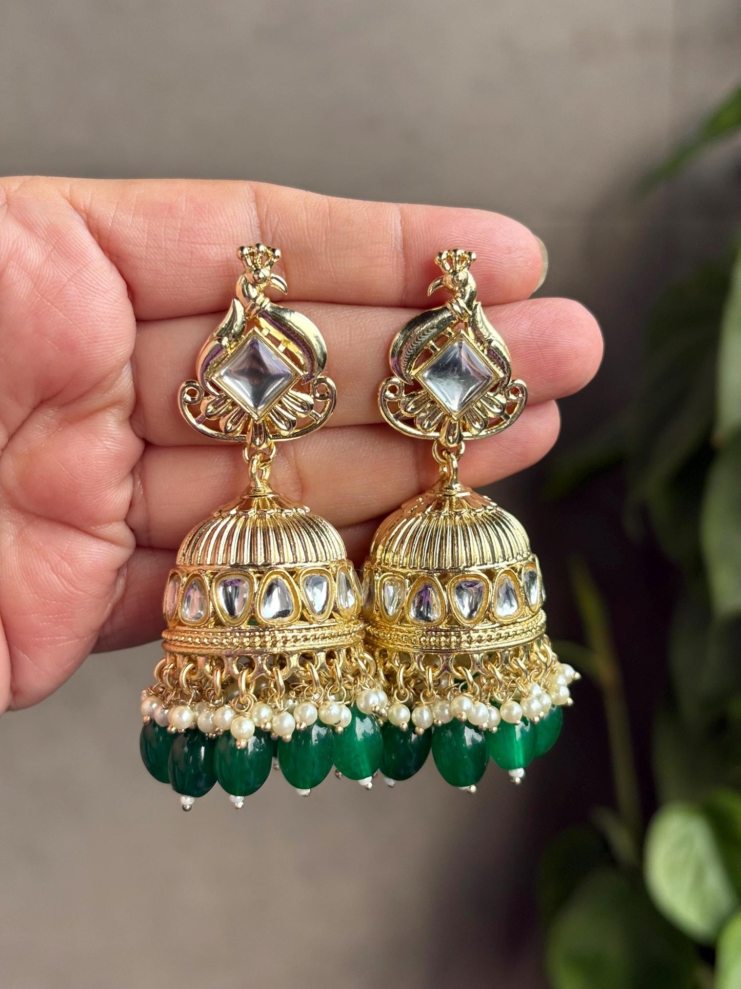 VANYA Green colour jhumkas /bollywood  kundan earrings /Pakistani Wedding jhumkas / Indian Diwali jewelry/green colour ethnic earrings