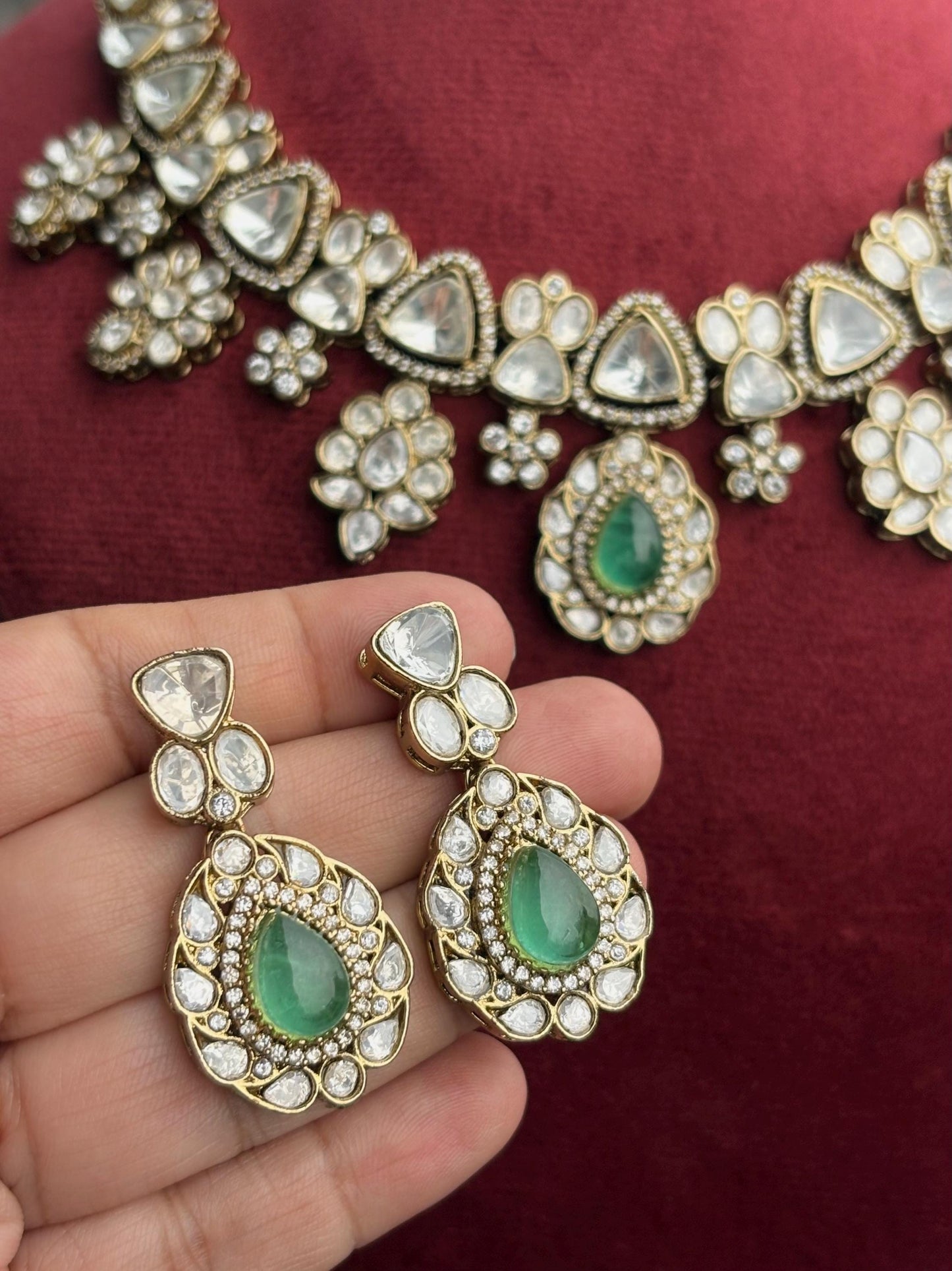 SHIRINA Gold Finish Mint  Kundan Wedding Jewelry ,Necklace Set with Earring,Indian traditional jewelry , mint green colour jewelry