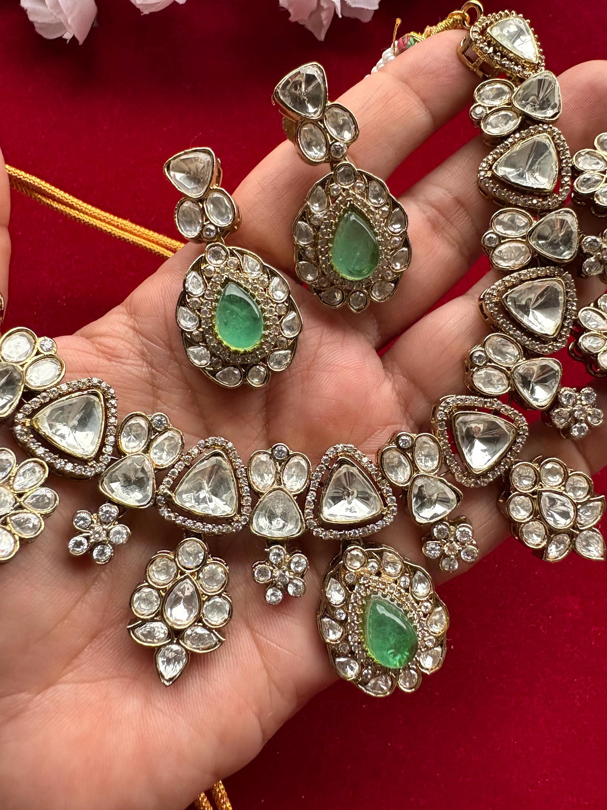 SHIRINA Gold Finish Mint  Kundan Wedding Jewelry ,Necklace Set with Earring,Indian traditional jewelry , mint green colour jewelry